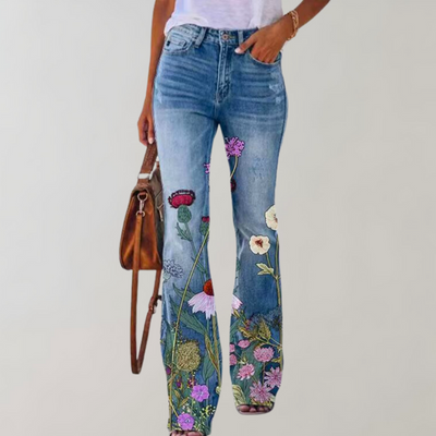 Frida - Denim jeans met bloempatroon