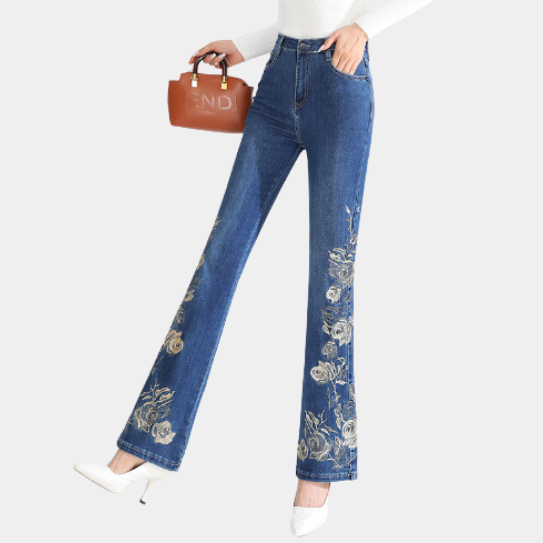 Gaby - Stijlvolle Geborduurde Denim Flared Broek