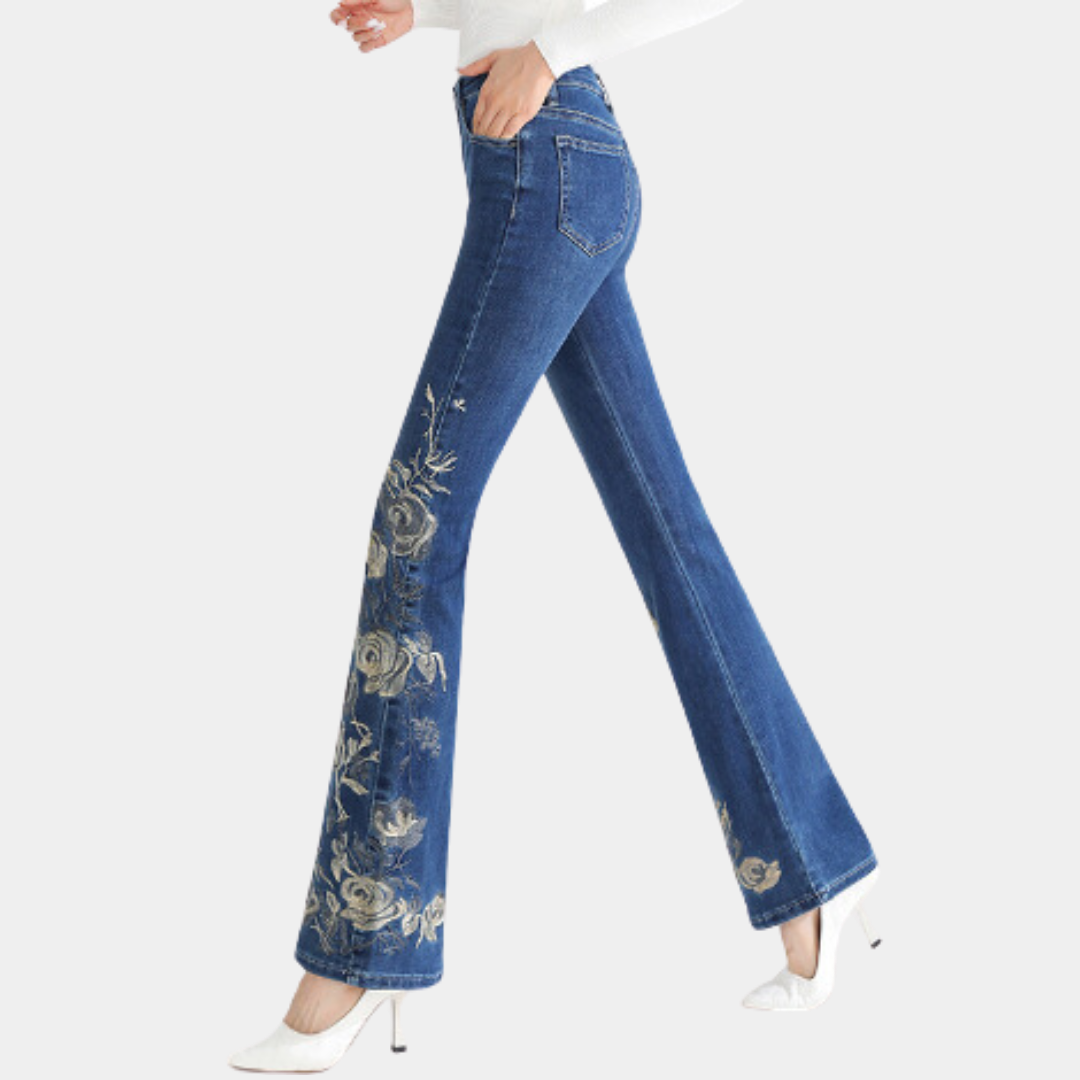 Gaby - Stijlvolle Geborduurde Denim Flared Broek